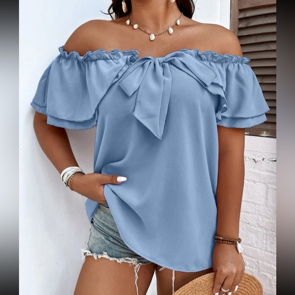 Plus burgundy off shoulder knot front blouse - Picture 1 of 15